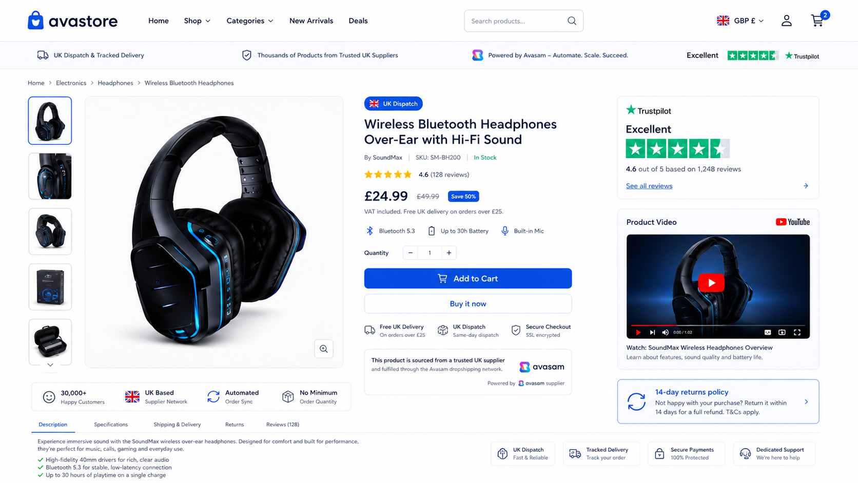 UK Shopify store Avasam product page with embedded video and Trustpilot reviews