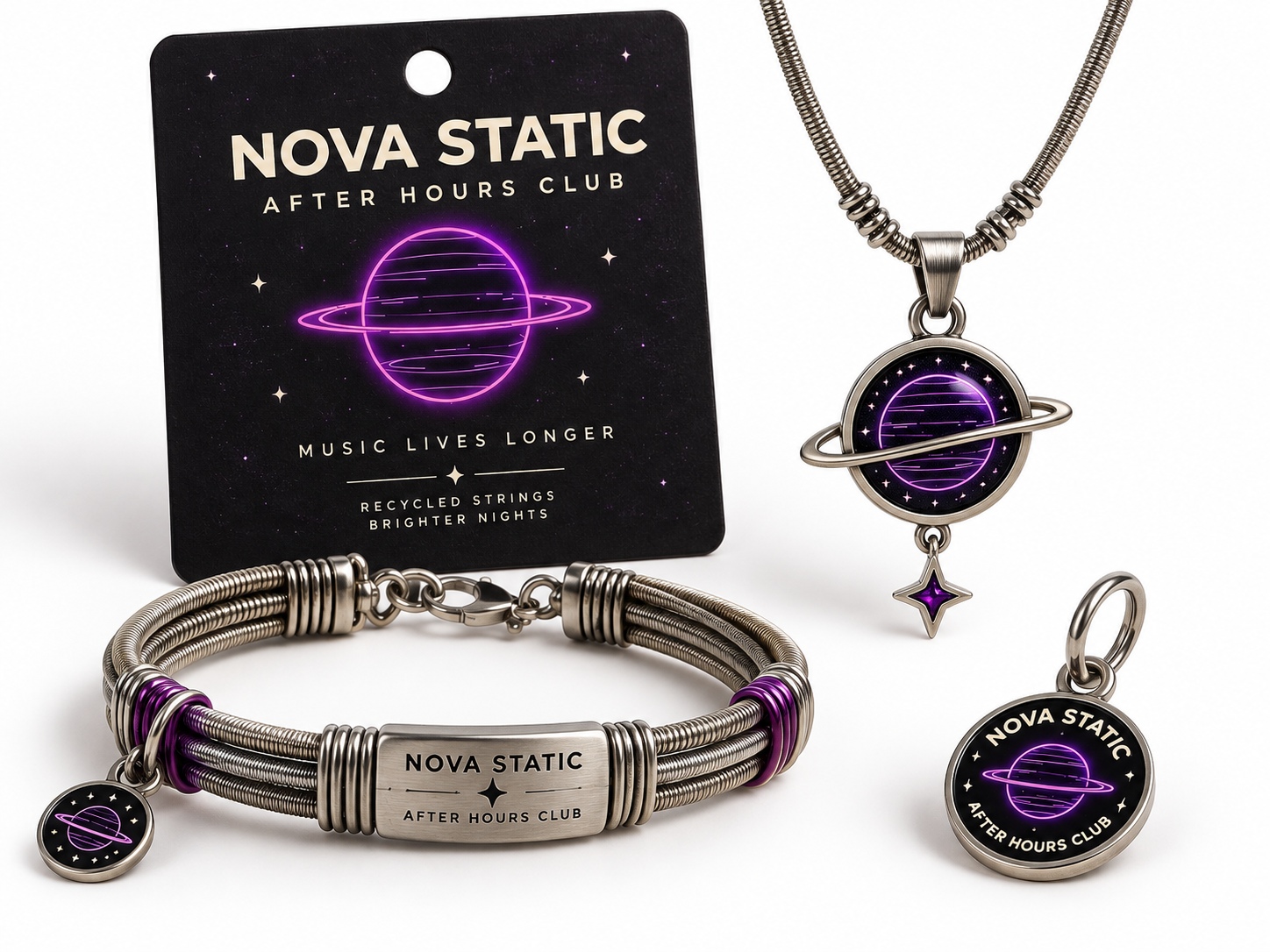 Band jewellery featuring recycled guitar strings and branded charms