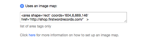 Bandcamp custom header settings showing the HTML image-map field for clickable banner links