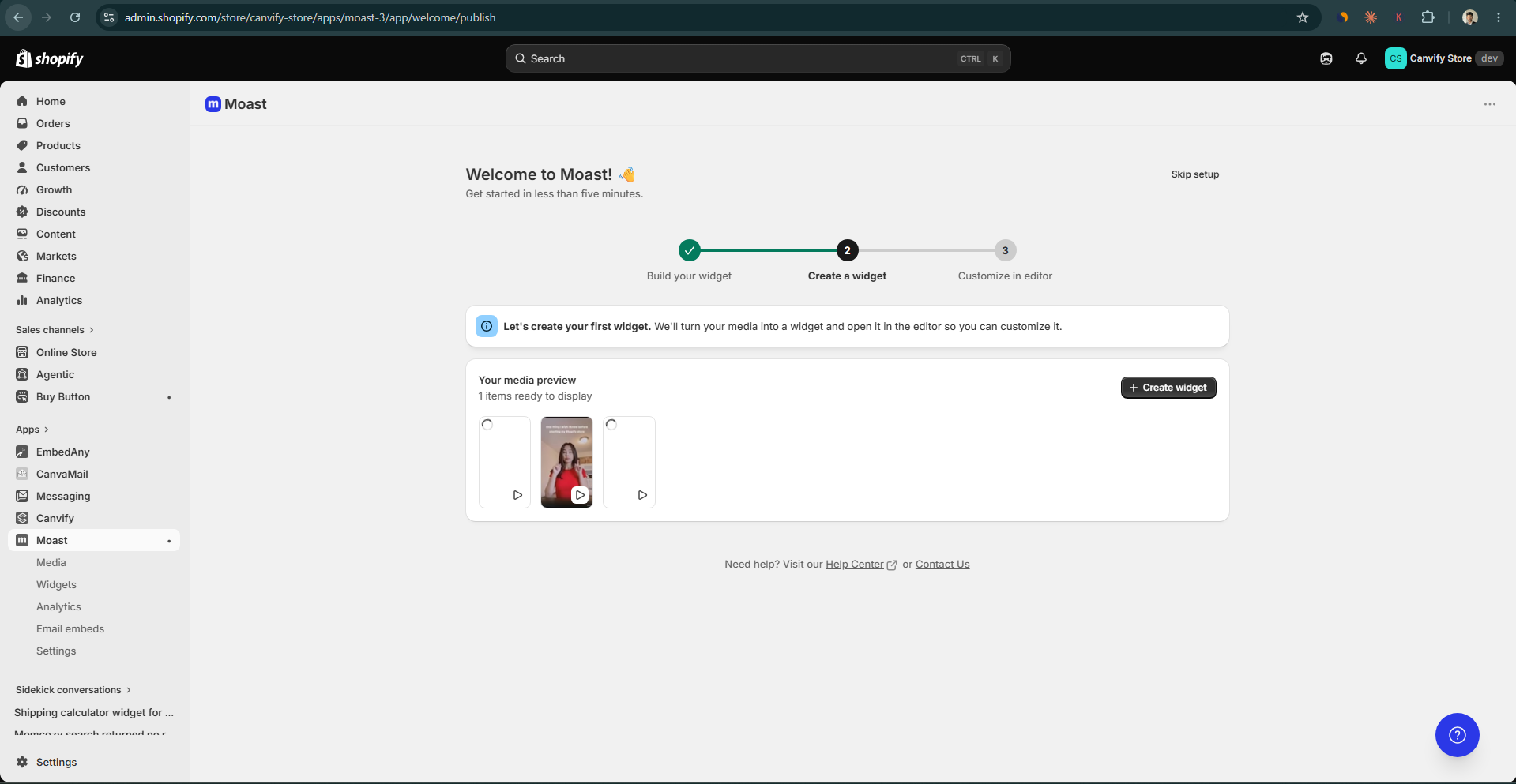 Moast shoppable-video app setup dashboard in Shopify