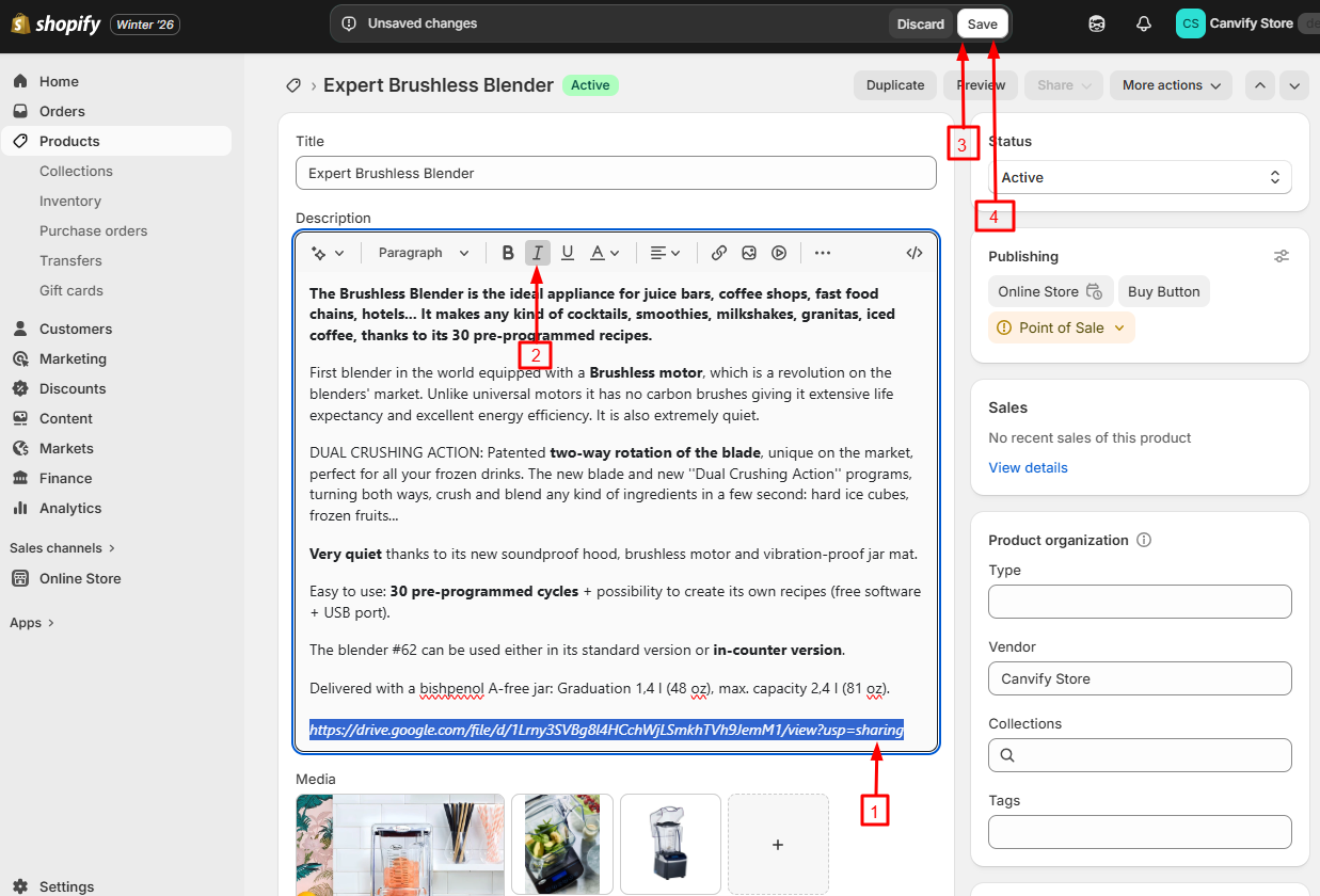 Pasting and italicising the Google Drive link in Shopify admin
