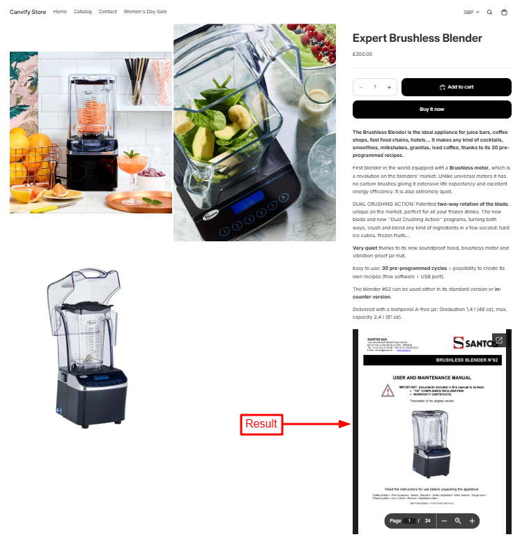 The embedded Google Drive document on the Shopify storefront