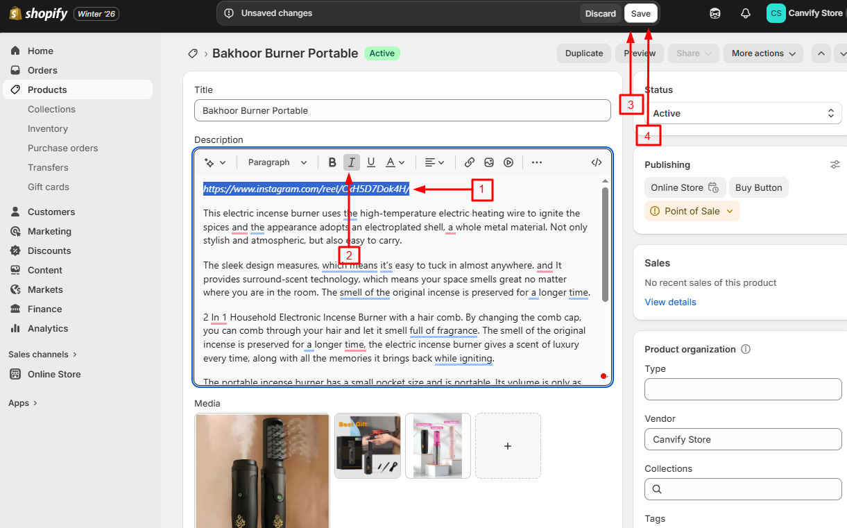 Pasting and italicising the Instagram link in Shopify admin