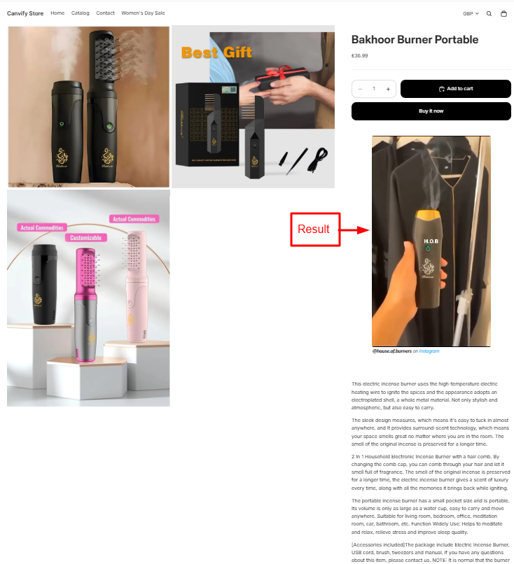 The embedded Instagram post on the Shopify storefront