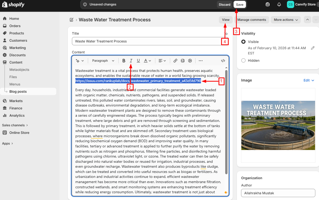 The link italicised in Shopify