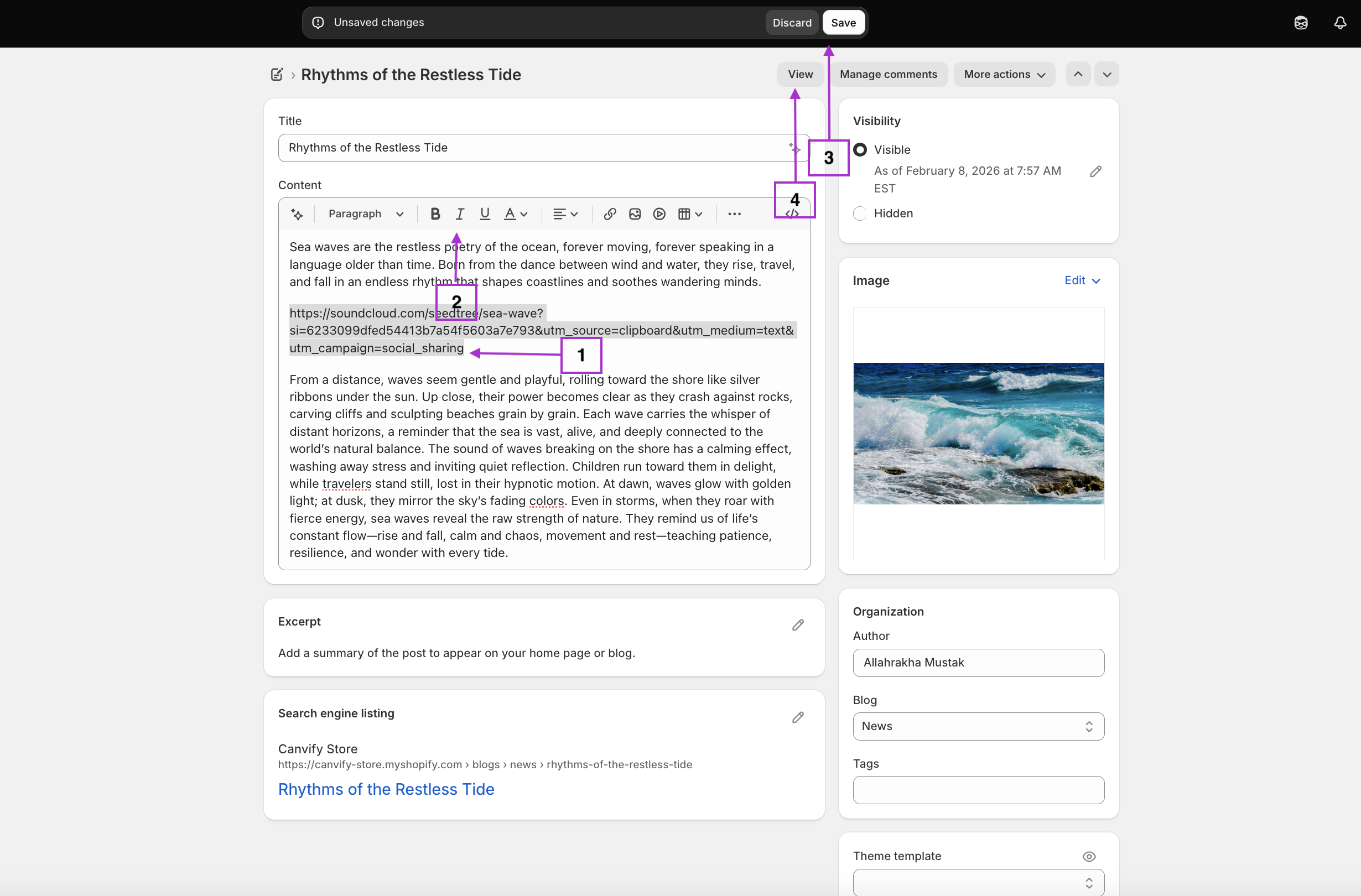 SoundCloud track link italicised in the Shopify blog editor