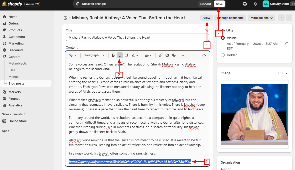The link italicised in Shopify