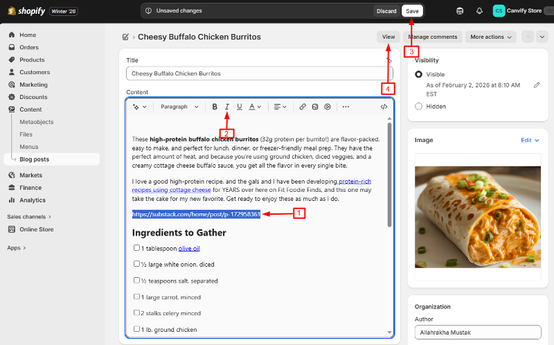 The link italicised in Shopify