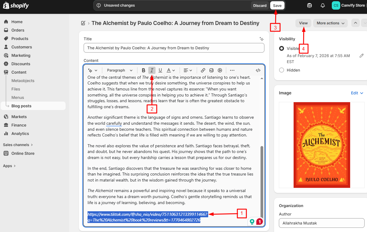 The link italicised in Shopify