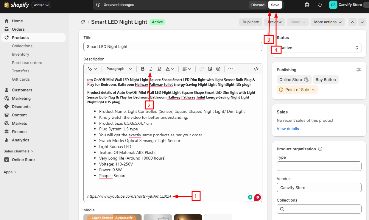 Pasting and italicising the YouTube link in Shopify admin