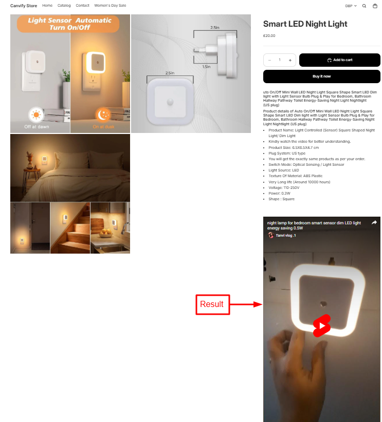 The embedded YouTube video on the Shopify storefront