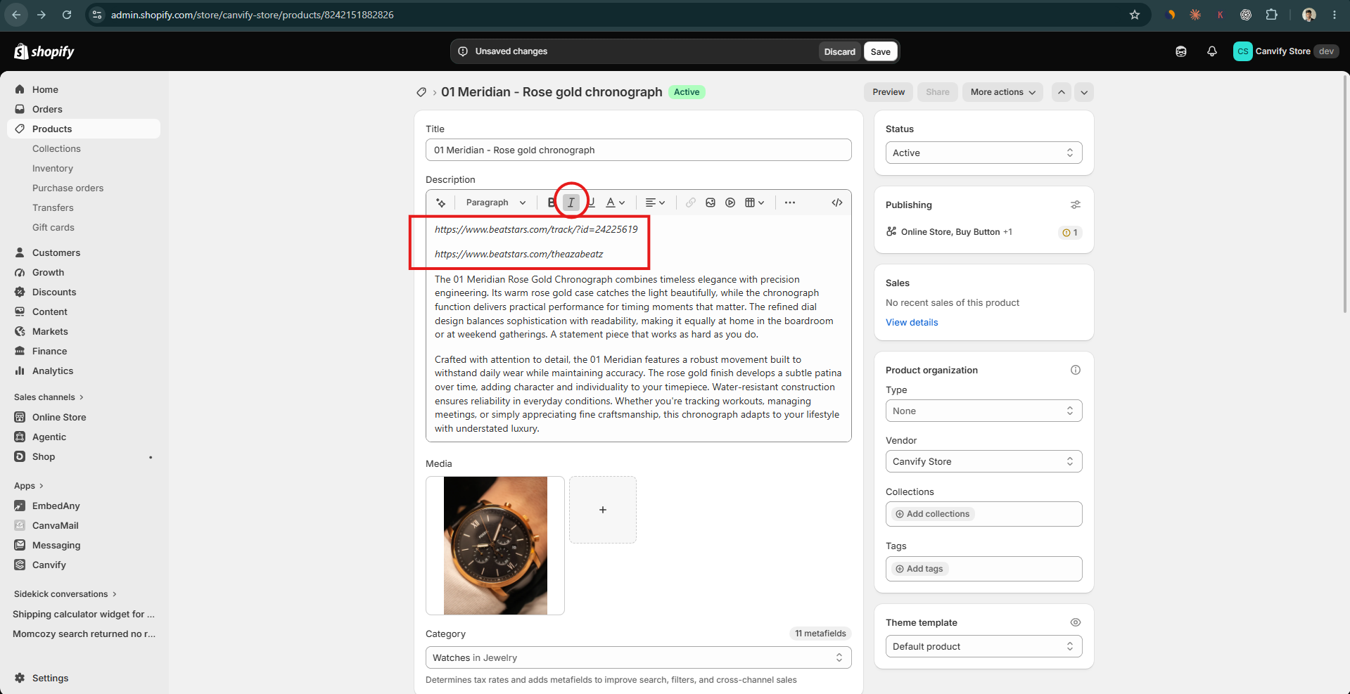 BeatStars track and artist profile links made italic in a Shopify product description