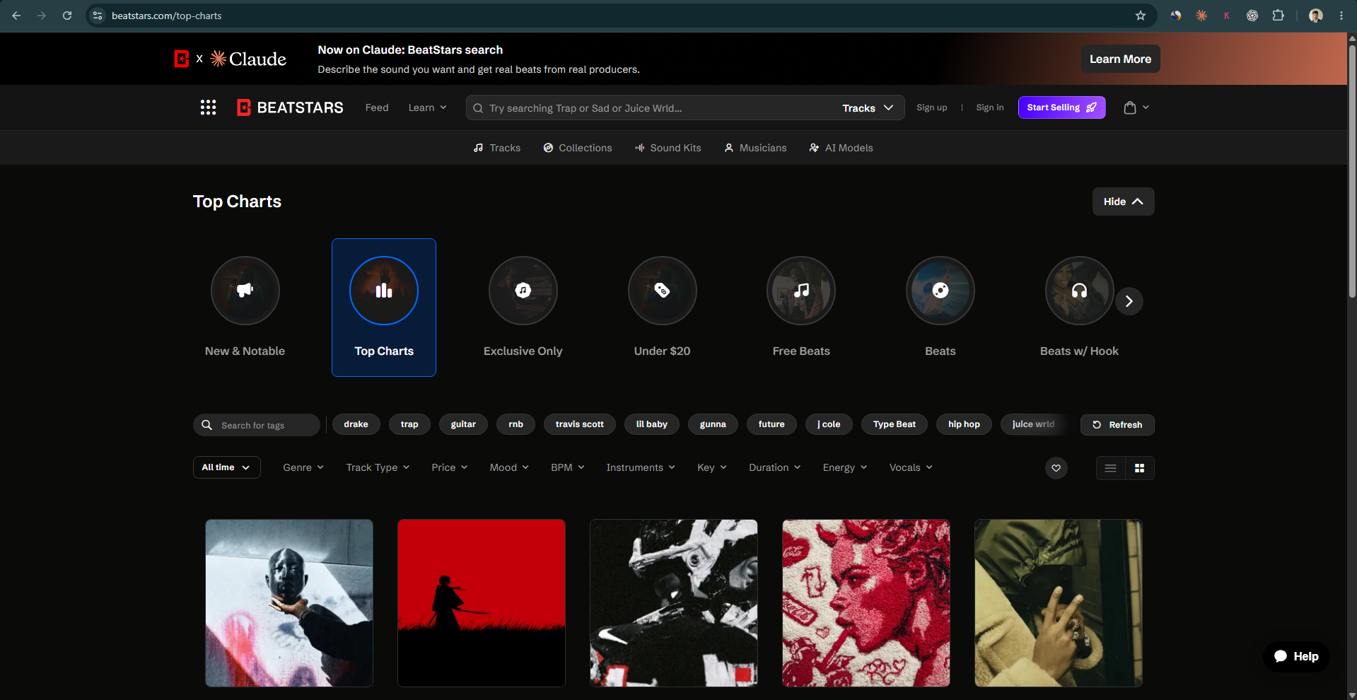 BeatStars marketplace showing top charts and beat categories