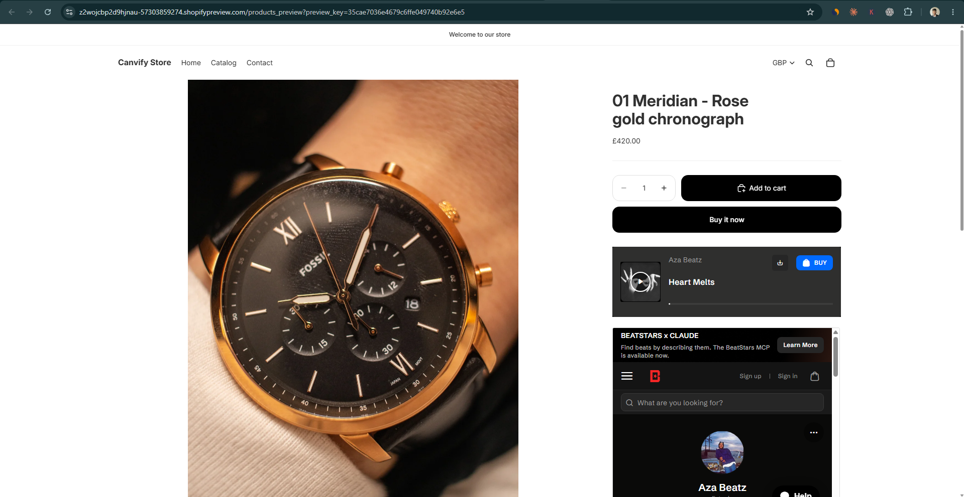 BeatStars track player and artist profile embedded on a Shopify product page