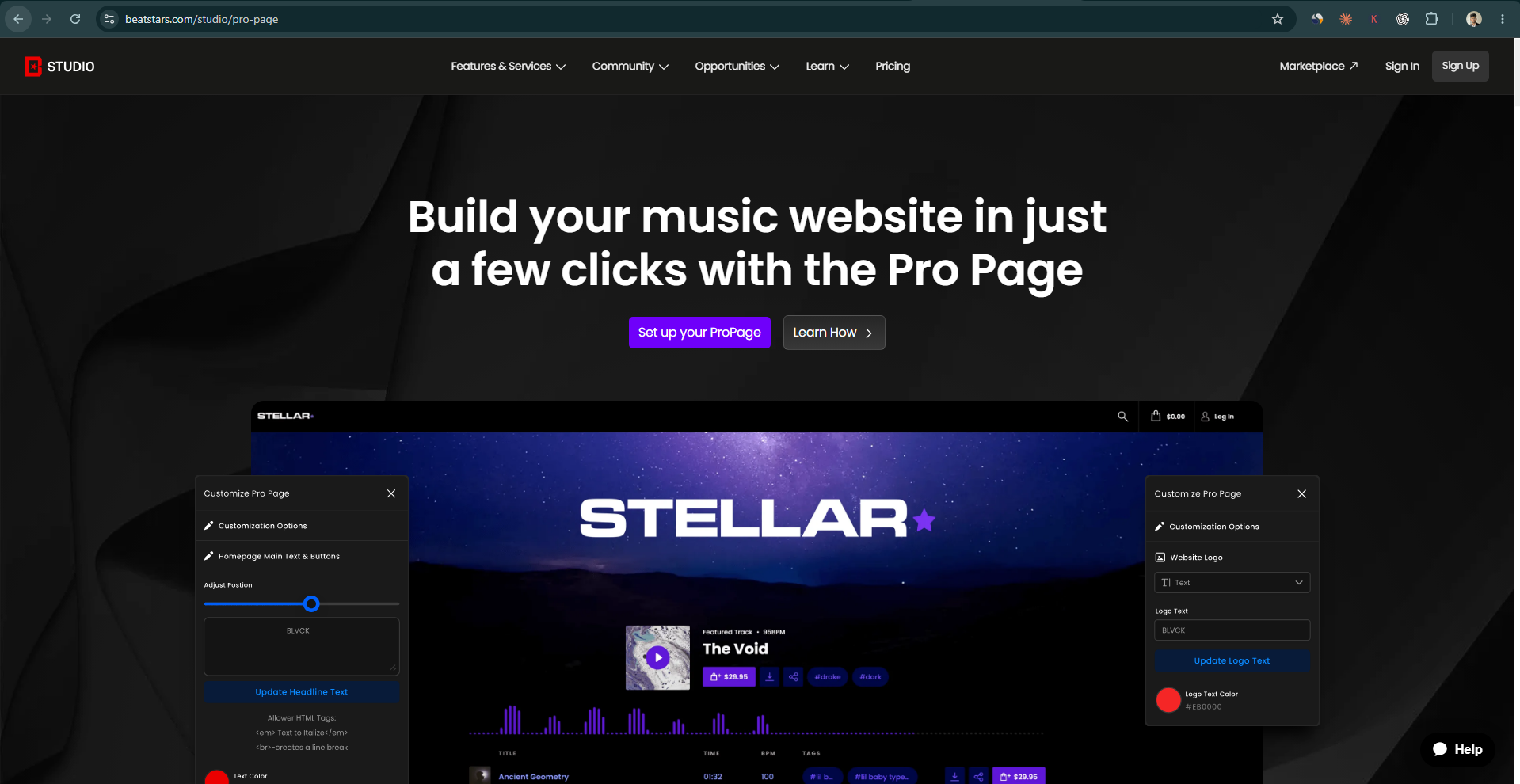 BeatStars Pro Page website builder showing storefront customisation options