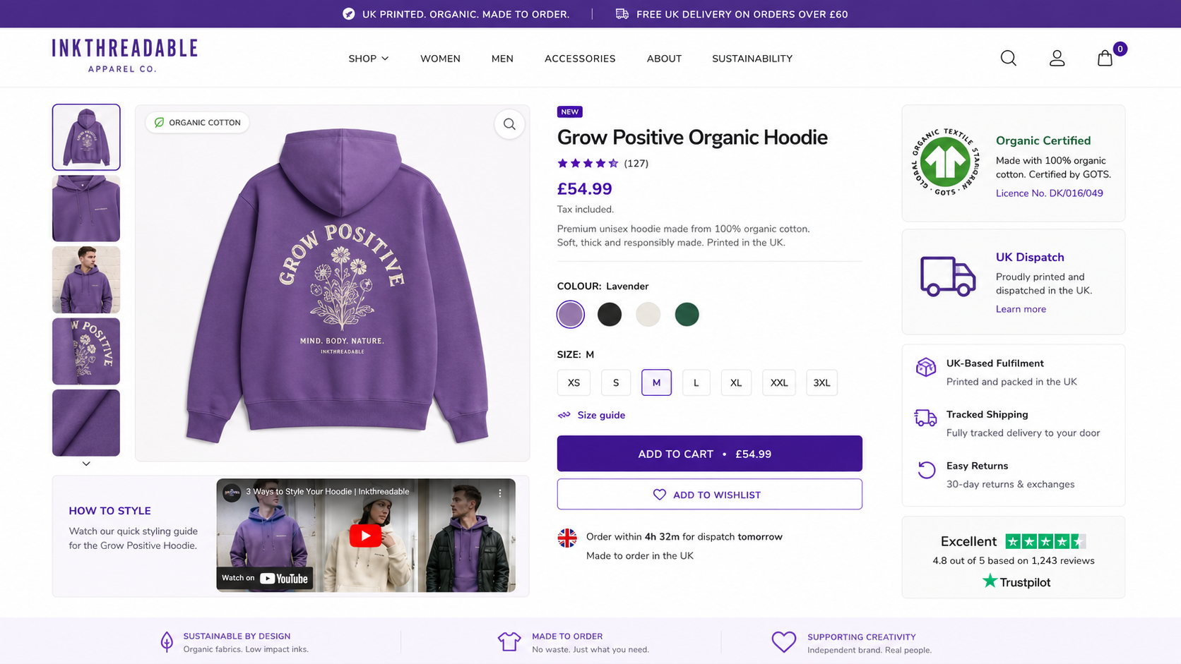 UK branded POD Shopify store Inkthreadable product page with embedded video