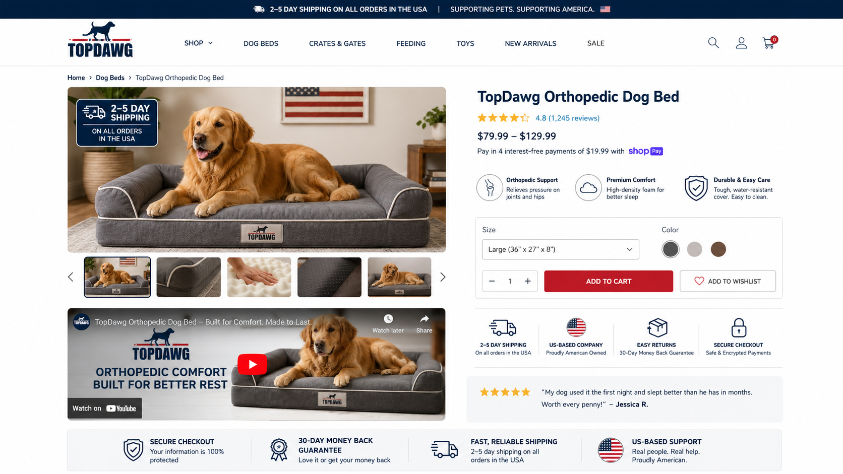 TopDawg Shopify product page US shipping badge embedded video trust signals